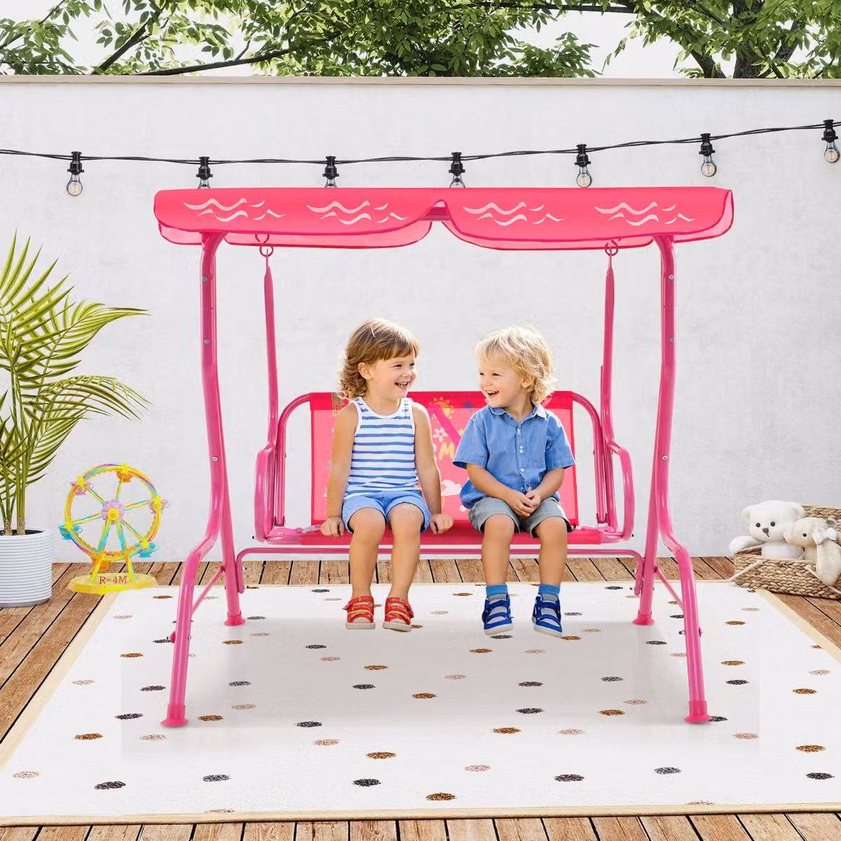 Altalena da esterno per bambini Costway in metallo con modelli cartoon rosa
