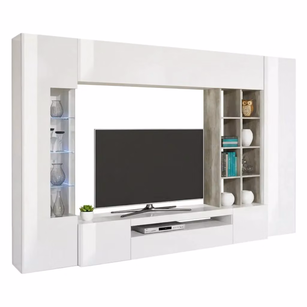 Parete Attrezzata per Soggiorno DMORA Moderna in Bianco Lucido e Grigio L: 290 cm, P: 40 cm, H: 192 cm – 2