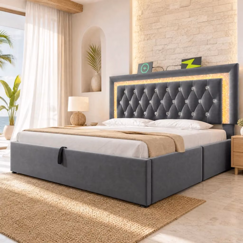 Letto contenitore Mivray con testiera in velluto grigio, illuminazione LED e porte USB e Type-C, L/P/H: 140 x 200 x 104 cm – 2