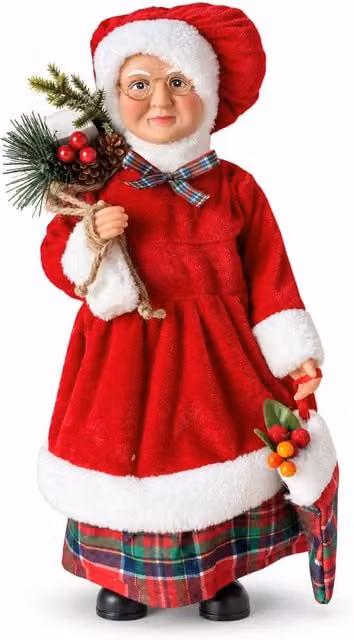Statuina natalizia Babbo Natale e Mamma Natale h45cm, decorazione per casa, negozio e vetrine, 3 varianti assortite con rametti di pino e pigne