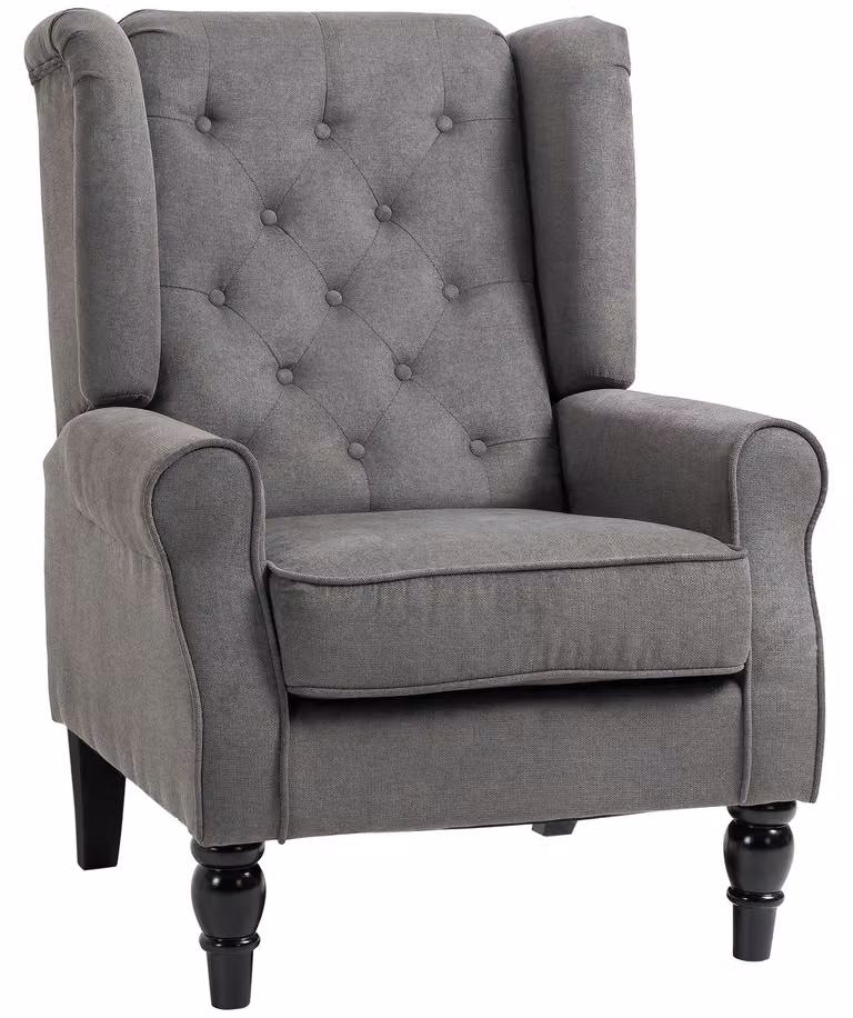 Poltrona Moonbite, dimensioni 74 x 86 x 102 cm, poltrona relax con imbottitura a bottoni, schienale alto, piedini in legno con feltrini, portata massima 160 kg, realizzata in poliestere, colore grigio scuro