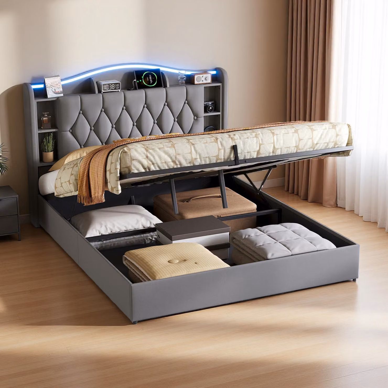 Letto imbottito UnboxG 140x190 cm grigio con LED e vano portaoggetti, letto in velluto con contenitore idraulico, USB/Type-C e ricarica wireless, letto matrimoniale con testiera