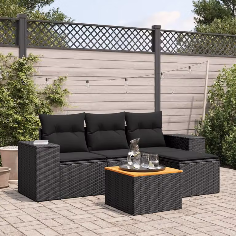 vidaXL Set Divani da Giardino a L 5 pz in Polyrattan Nero con Cuscini e Tavolino