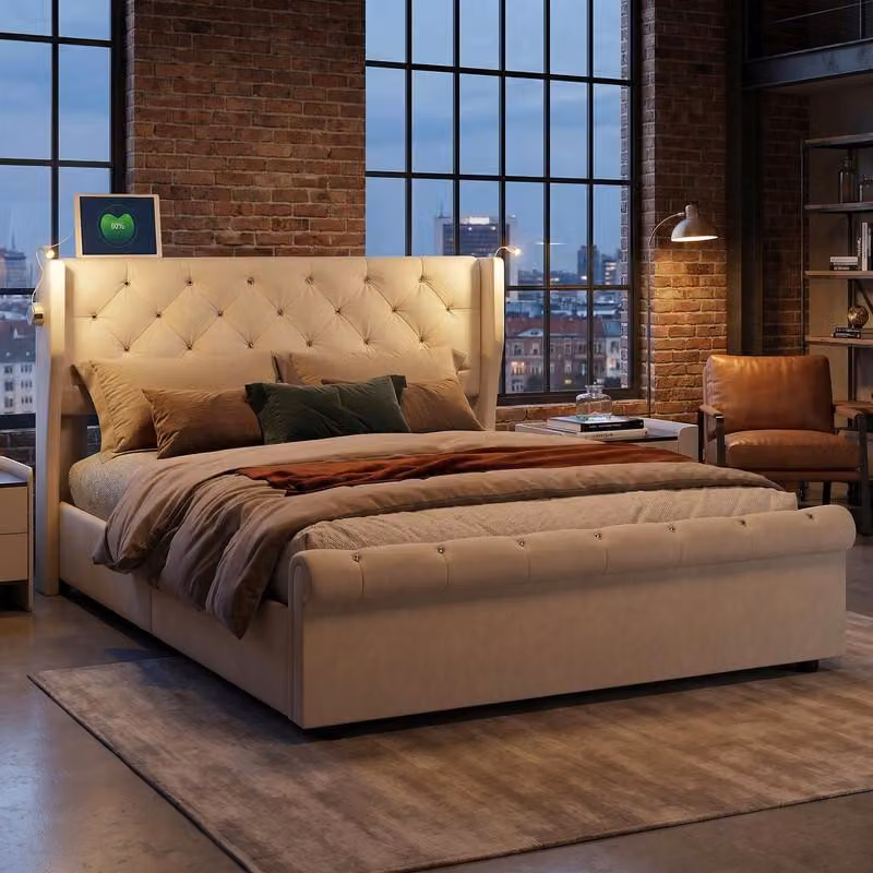 Letto matrimoniale a pressione ProximaX 140×190 cm con rivestimento in velluto - letto imbottito con illuminazione della testata e contenitore per camere da letto, beige