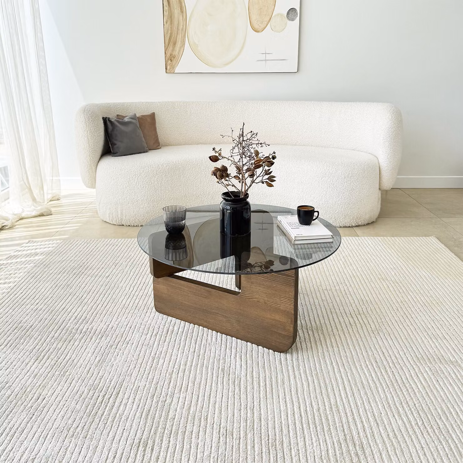 Skye Decor, Mia - Walnut, Fume, tavolino, noce, vetro temperato al 100%, 75 x 75 x 35 cm
