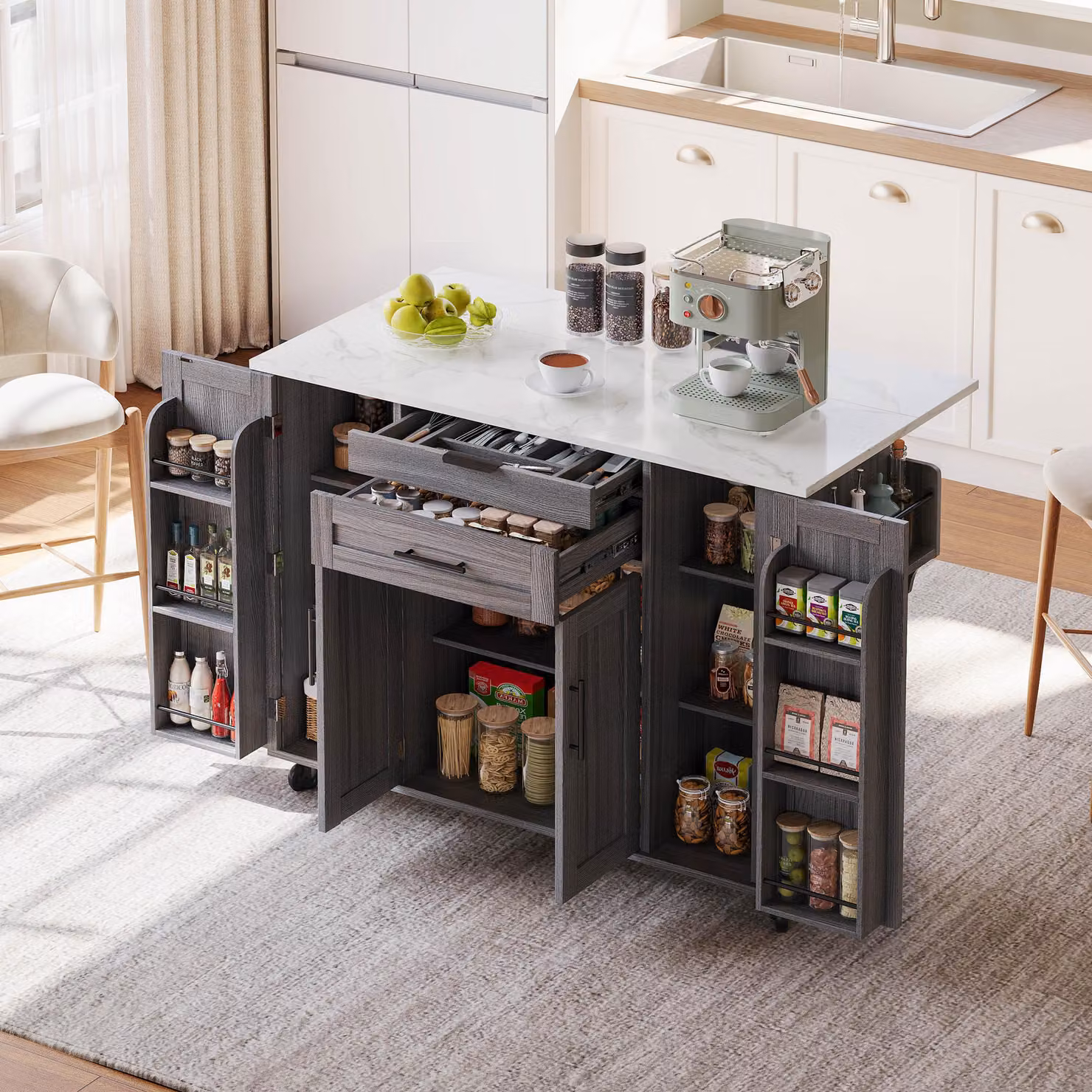 okwish Mobile da cucina a isola estensibile con piano di lavoro fino a 70 cm, carrello di servizio con cassetto portaposate a scomparsa e ripiani regolabili, grigio
