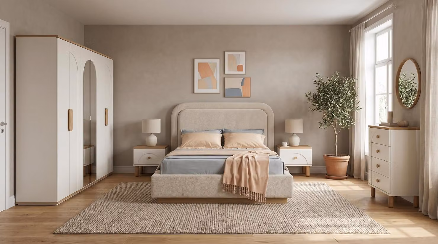 Set per camera da letto: letto, due comodini, una cassettiera, un armadio
