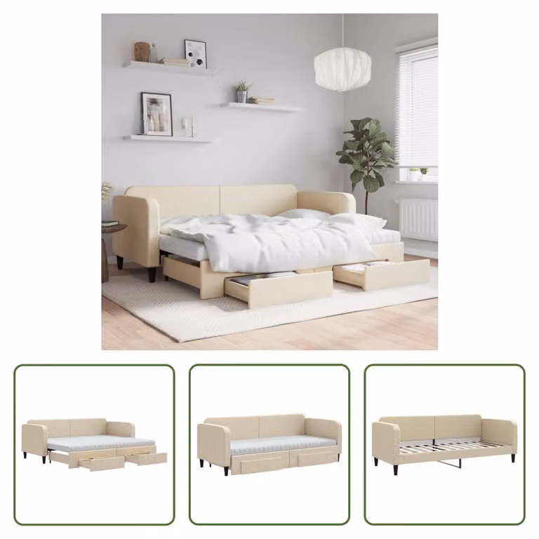 The Living Store letto da giorno allungabile con cassetti crema 80x200 cm in tessuto