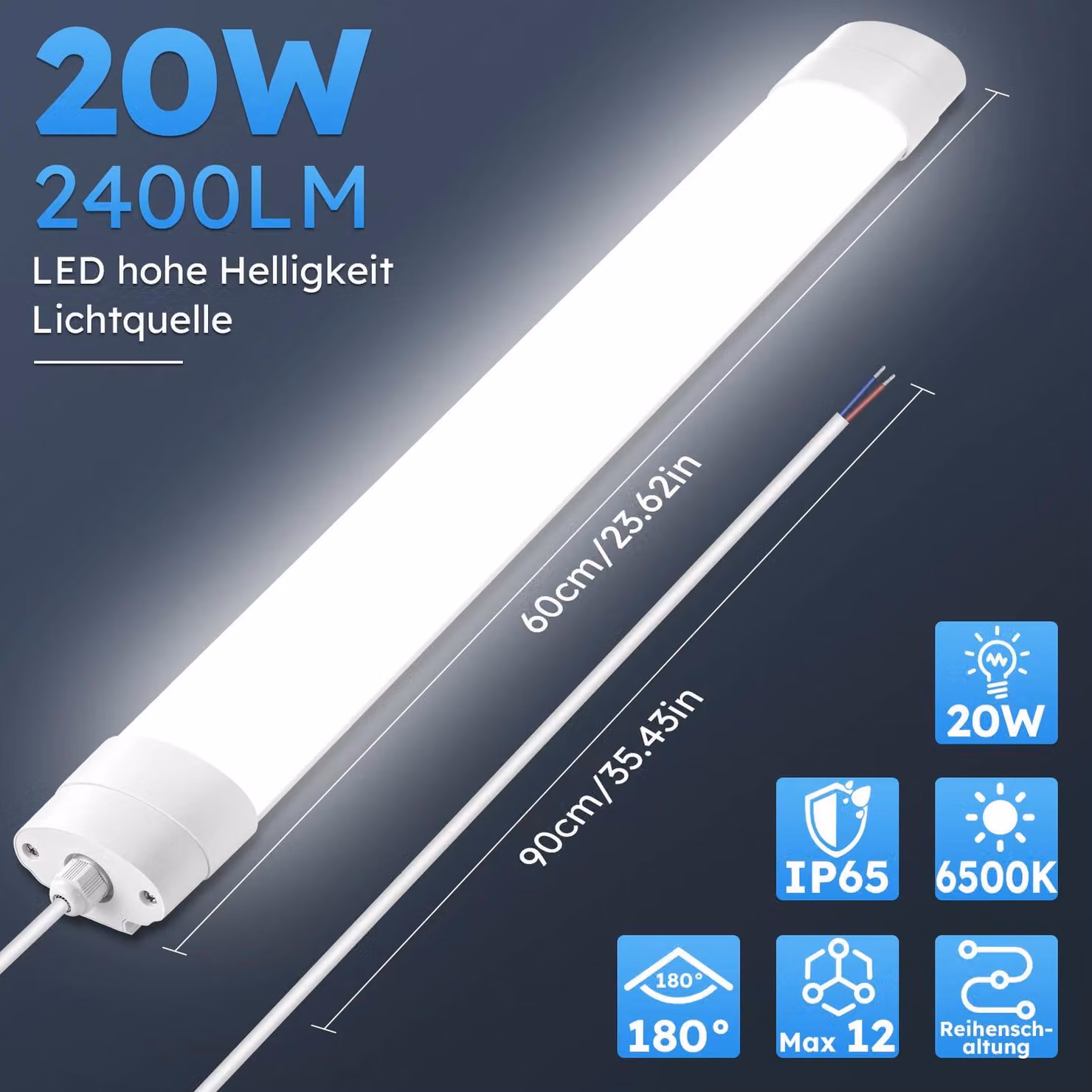 Lampada a LED tubolare - 20 W, 60 cm - 4500 K, bianco neutro - Collegabile - 220–240 V - 1 pezzo - Adatta per garage e officina