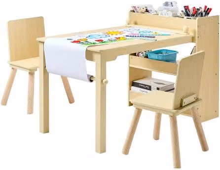 Set di Tavolo e 2 Sedie per Bambini Vevor con Mobiletto Portaoggetti a 3 Ripiani in Legno di Pino, Colore Beige, Stile Scandinavo