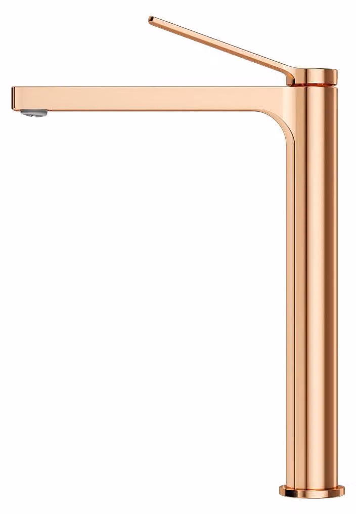 Miscelatore per lavabo in ottone massiccio, finitura rosa oro, dotato di aeratore Neoperl, dimensioni 335x233x46 mm