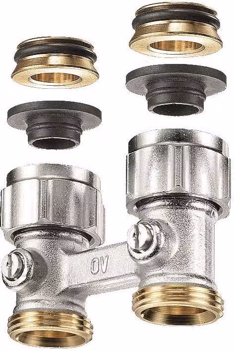 Oventrop Zweirohrhahnblock Absperrverschraubung ÜM 3/4" x AG 3/4", Durchgangsform