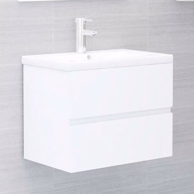 Mobile da bagno moderno vidaXL con lavabo integrato bianco e legno, sospeso, con ante e cassetti L/P/H: 60 x 38,5 x 45 cm