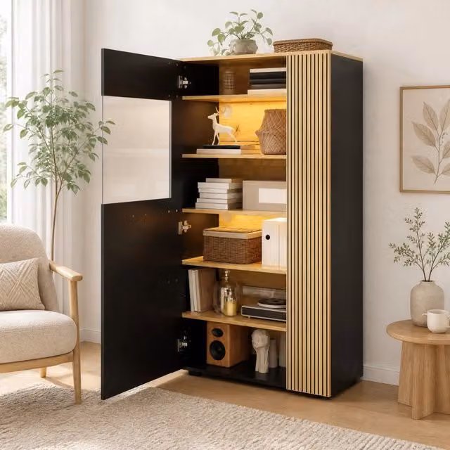 Mobile contenitore con LED a 16 colori; 3 ripiani fissi e 2 regolabili; 80 x 40 x 146 cm; nero e legno