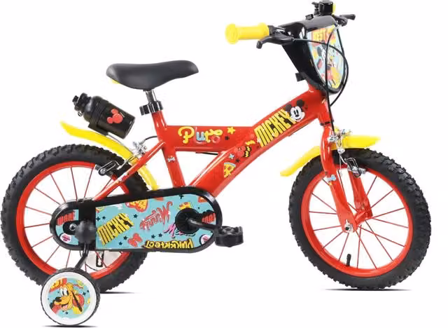 MICKEY MOUSE 14", bicicletta per bambini, adatta a bambini tra i 3 e i 5 anni, per altezza tra 85 e 105 cm, con borracci
