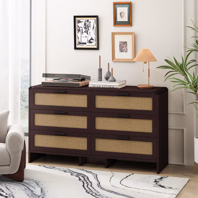 Credenza STILVORA con 6 cassetti, mobile angolare ad arco con design in rattan, mobile di complemento per soggiorno, camera da letto e cucina, marrone