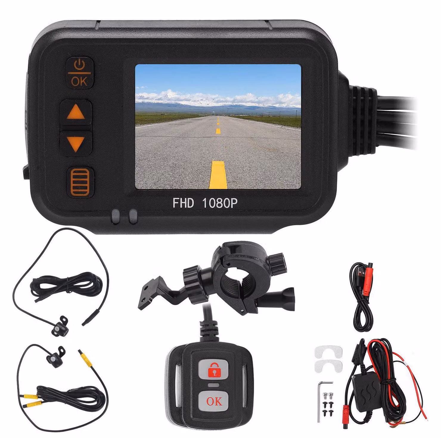 Dashcam per moto, display da 2 pollici anteriore e posteriore, doppia fotocamera, 1080P + 720P, resistente alla pioggia, multifunzionale