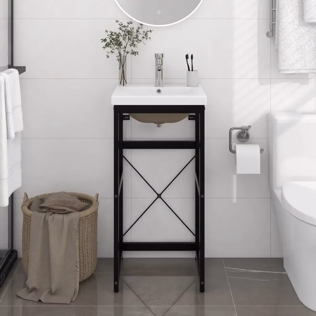 Lavabo da Bagno Moderno con Telaio in Metallo Nero e Lavabo in Ceramica Bianca DESIGN IN CFW4903015 – 2