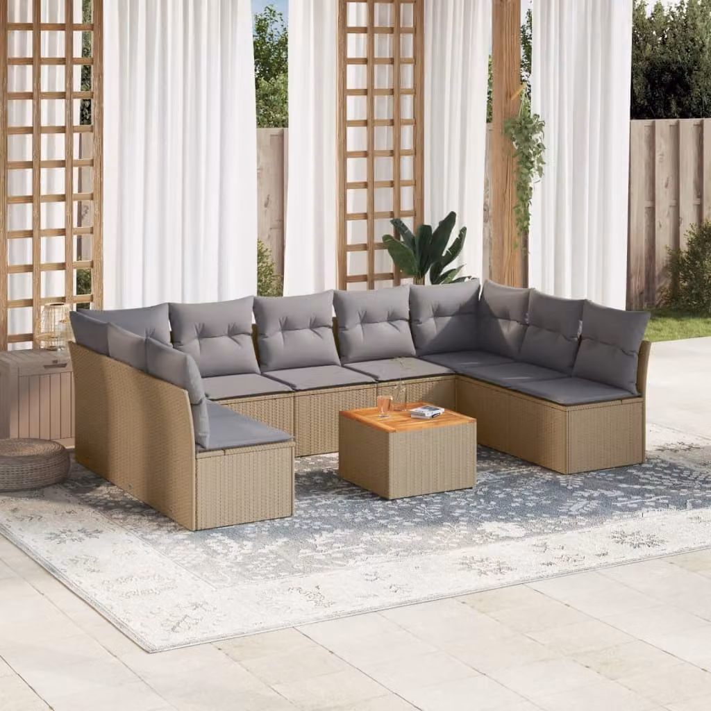 vidaXL Set Divano da Giardino 10 pz a Forma di L in Polyrattan con Cuscini Beige e Grigio e Tavolino da Esterno – 1