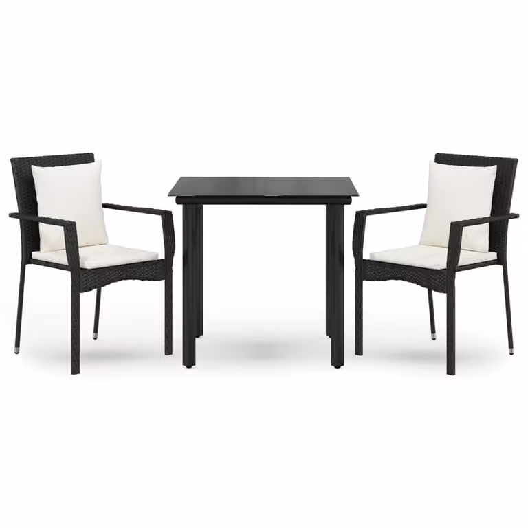 Set da Pranzo da Giardino 3 pz con Cuscini Nero in Polyrattan