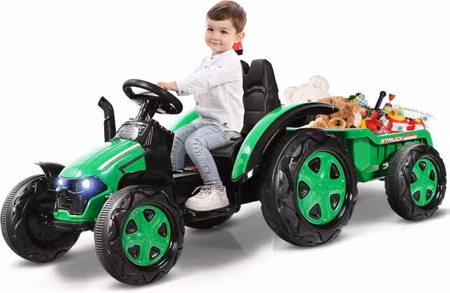 Costway Trattore Elettrico per Bambini con Rimorchio e Telecomando, Giocattolo 2 in 1 Verde con Batteria Ricaricabile e Luci e Suoni
