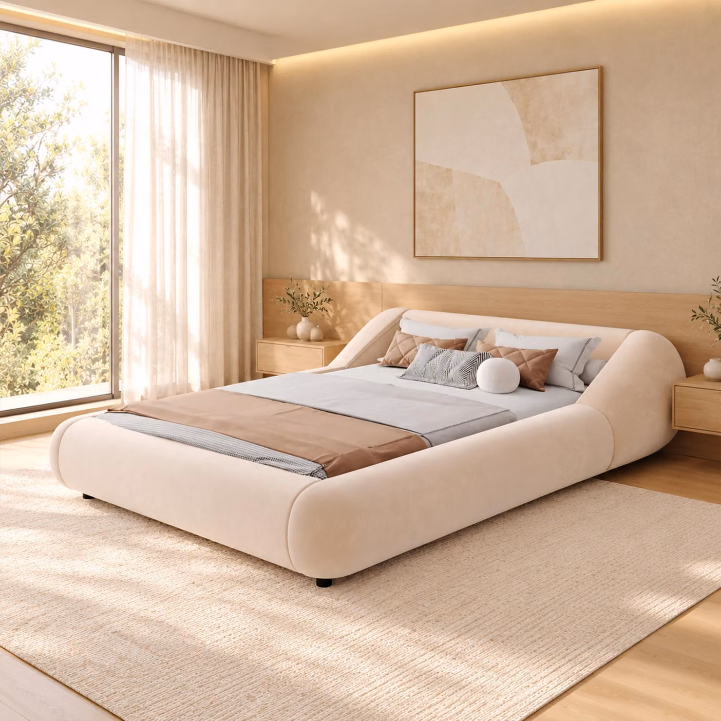 Letto imbottito Flieks, 140x200 cm, con rete a doghe, letto matrimoniale con testiera, struttura sospesa con illuminazione LED, color beige, realizzato in velluto, compensato e MDF