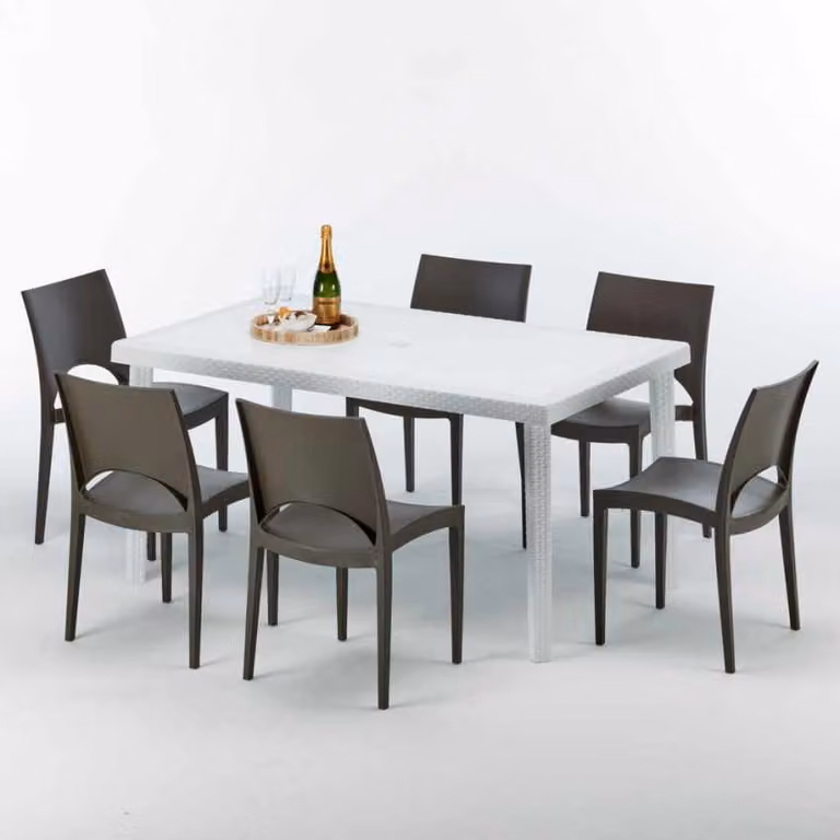 Tavolo rettangolare bianco e 6 sedie Set di bastoni da esterno in polipropilene colorato Grand Soleil Paris Summerlife - Brown