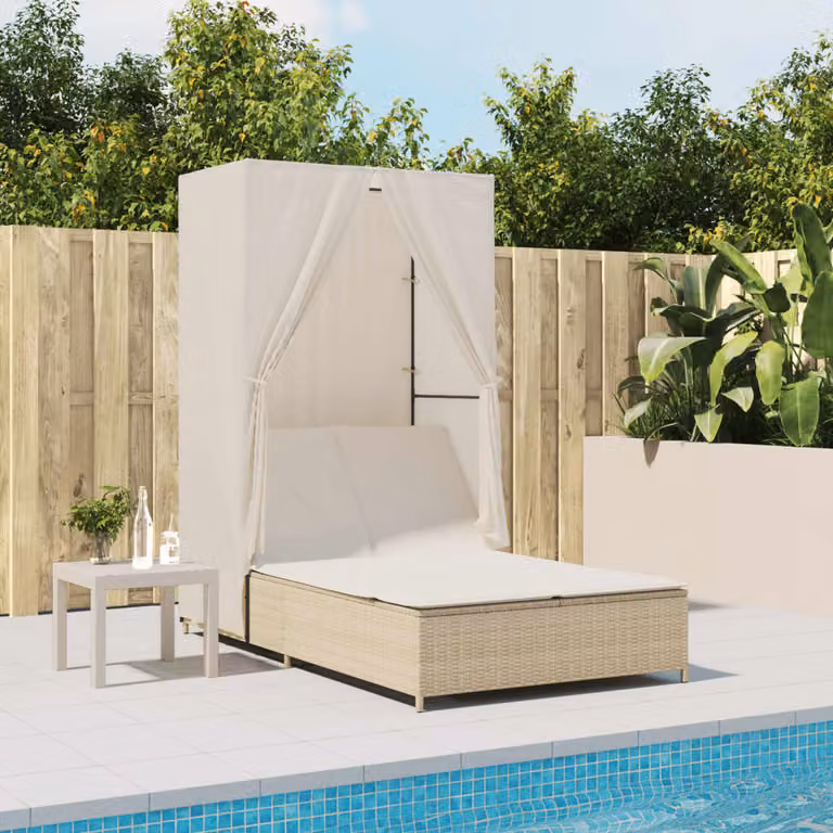 vidaXL Lettino Prendisole in Polyrattan Beige con Tetto e Tende per Giardino L: 280 cm x P: 197 cm x H: 104 cm
