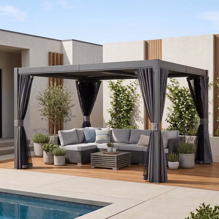Padiglione di 3m x 3,6m, alluminio grigio, impermeabile, tetto a lamelle, sistema di drenaggio, zanzariera, tende