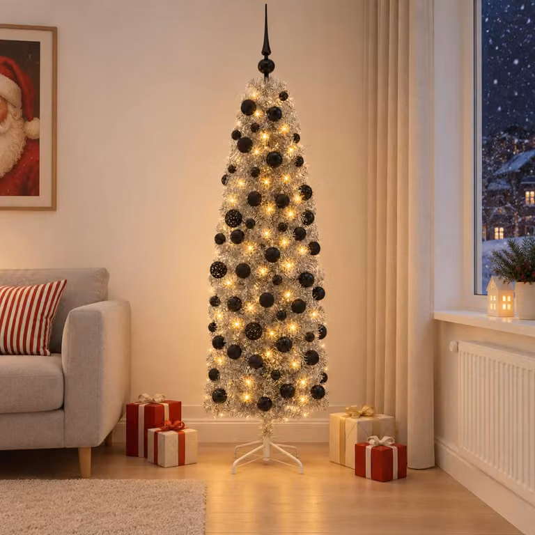 Albero di Natale artificiale, sottile, con decorazioni a forma di pallina, altezza 180 cm