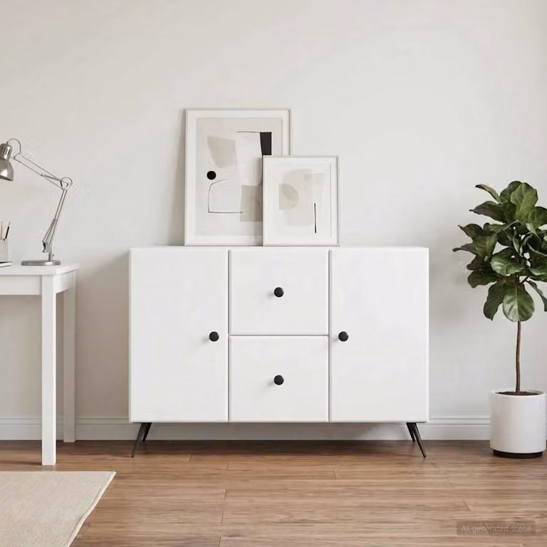 Credenza moderna vidaXL in legno ingegnerizzato e metallo, Bianco, L: 89 cm, P: 34,5 cm, H: 60 cm