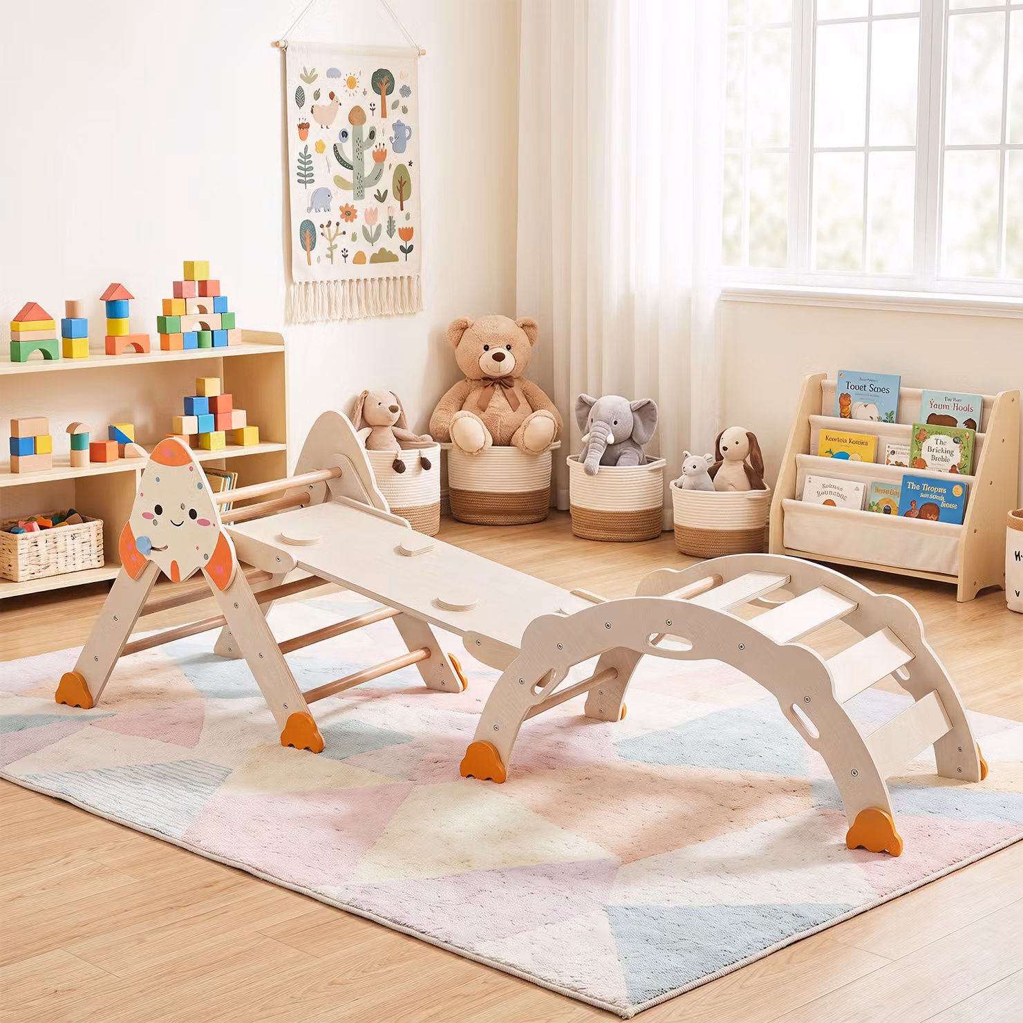 Set da arrampicata Montessori Costway 8 in 1 in legno naturale multicolore con cuscino per bambini dai 1 anni in su