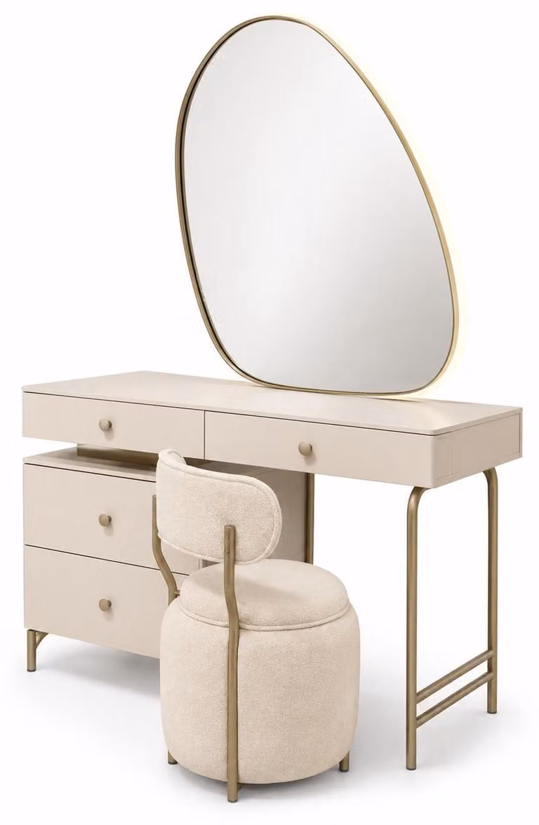 Set per camera da letto, composto da: comò da trucco, poggiapiedi, specchio, design moderno, colore beige, stile elegante