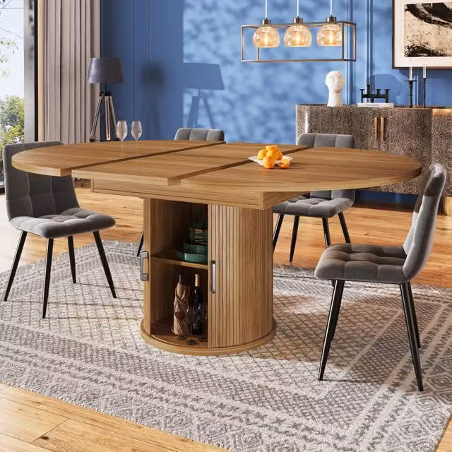 Tavolo da pranzo allungabile con vano contenitore a due ripiani e 6 piedini regolabili in MDF noce per cucina