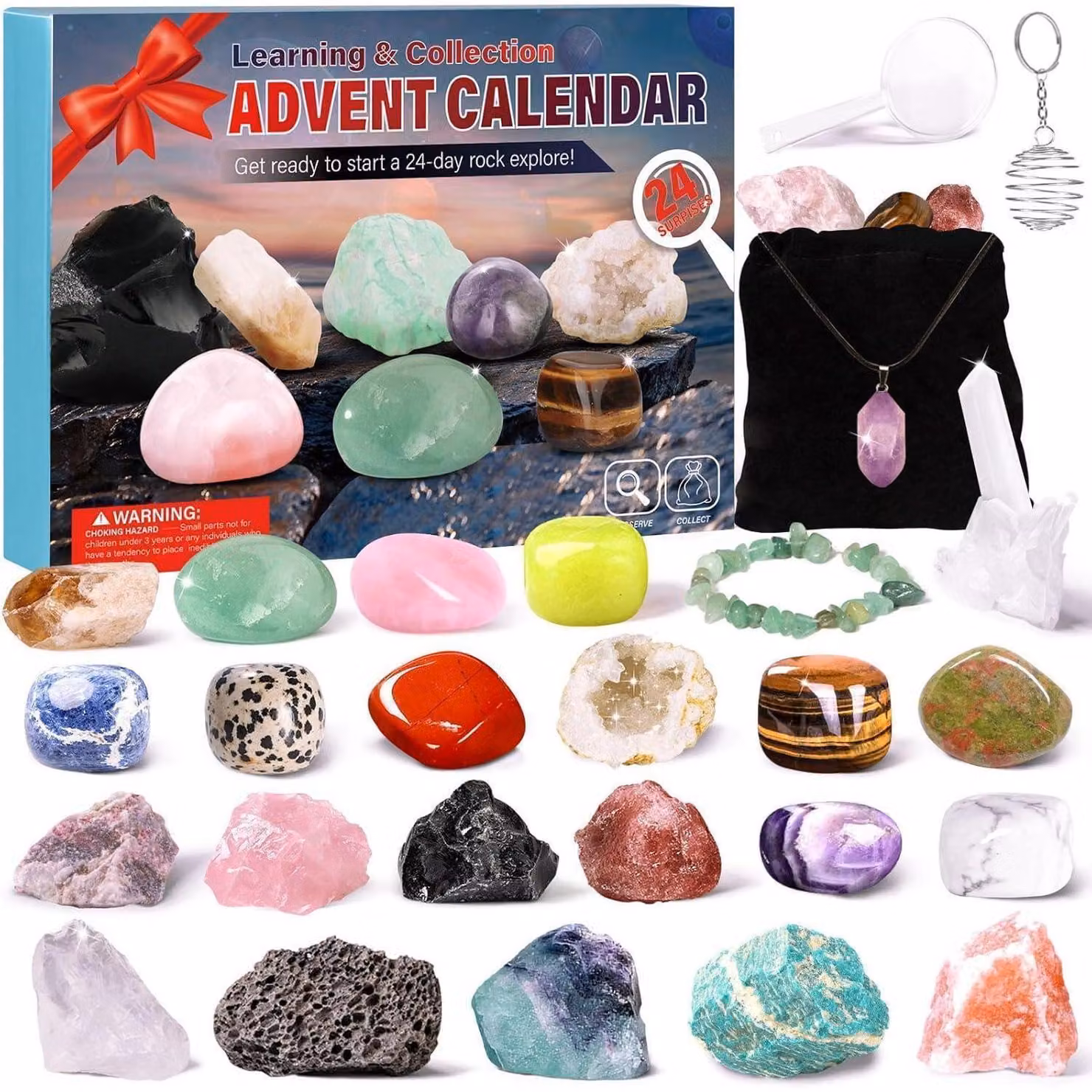 Calendario dell'Avvento 2024 a tema cristalli e minerali, ideale per bambini, appassionati di geologia, un regalo perfetto per i ragazzi