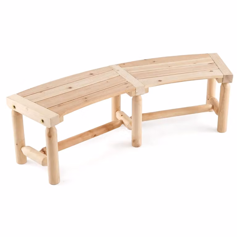 Panca curva in legno di abete e pino con seduta a doghe in stile rustico, colore marrone beige, L: 139,0 cm, P: 41,0 cm, H: 36,0 cm
