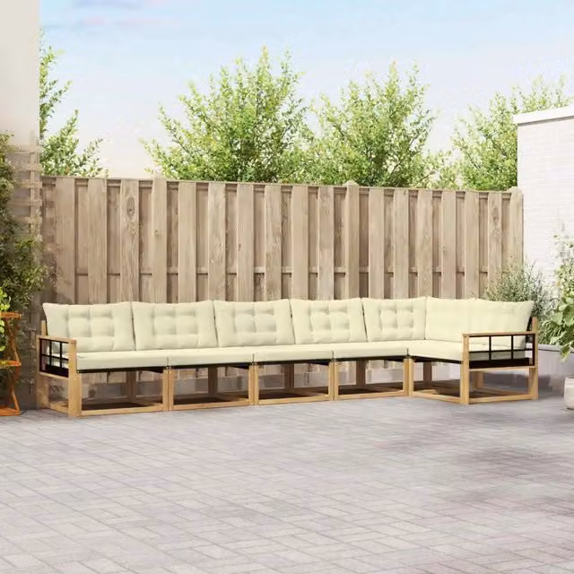 Set di divani da esterno a L vidaXL in legno di acacia con cuscini bianchi e beige – 1