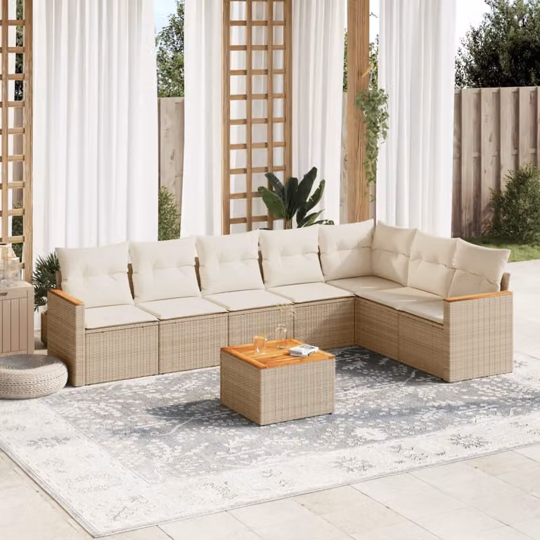 vidaXL Set Divano da Giardino a L 8 pz con Cuscini Beige e Tavolino, Struttura in Acciaio e Polyrattan per Terrazza e Giardino