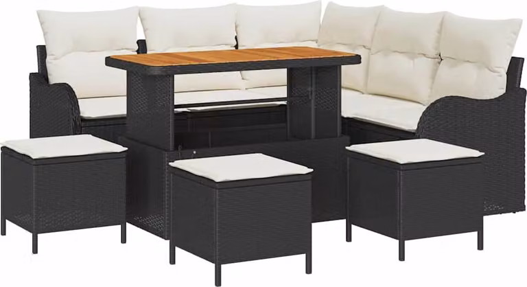 Set Divano da Giardino con cuscino 9 pcs Nero polyrattan