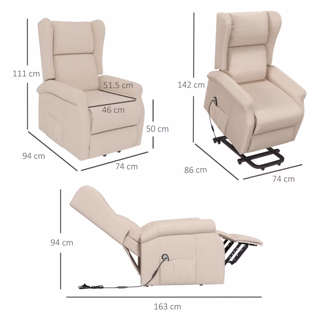 Poltrona relax elettrica con funzione alzapersona WISHDOR in tessuto bianco beige con struttura in legno massello e braccioli – 2