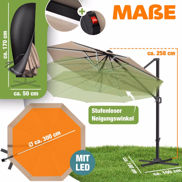 KESSER® Parasole per pergolati, modello SUN, diametro 330 cm, regolabile in 7 posizioni, rotazione a 360°, include copertura