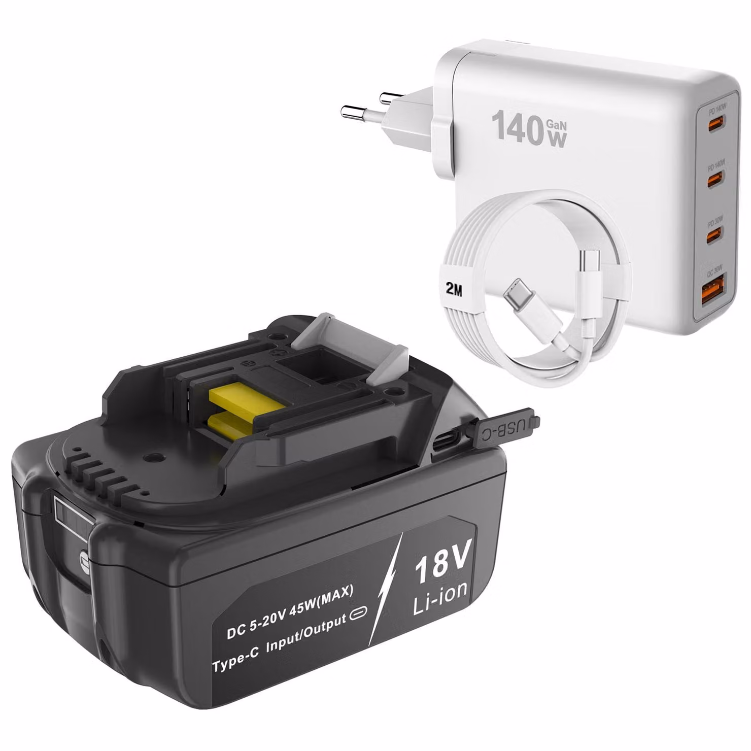 Batteria da 18V 6Ah con porta USB-C PD per la ricarica, compatibile con Makita BL1840, BL1850, BL1860, BL1815, LXT400, e con caricabatterie rapido USB-C/USB-A PD da 140W, adattatore di alimentazione