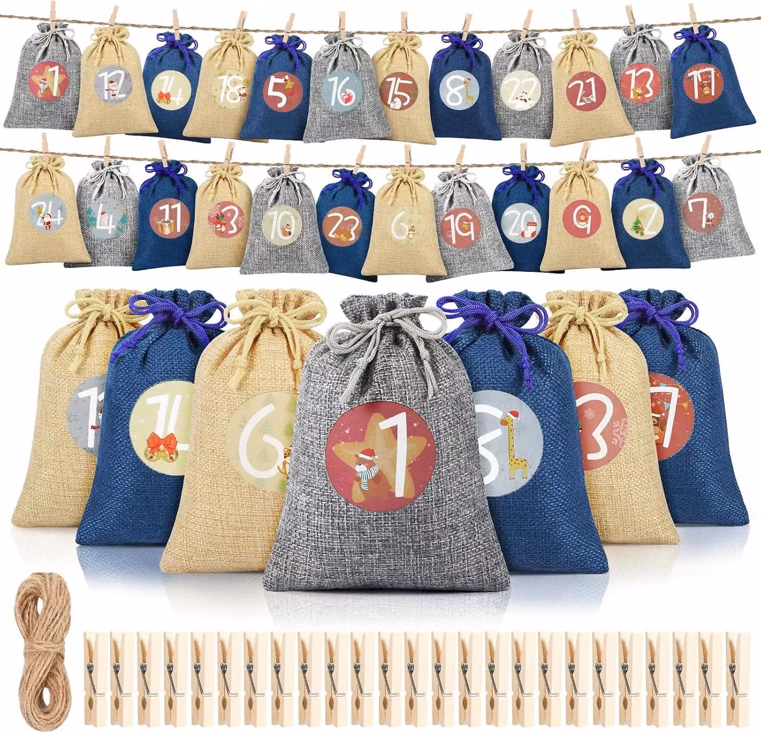 Calendario dell'Avvento da riempire - Grande - 24 sacchetti per il calendario dell'Avvento con numeri - Sacchetti per l'Avvento - Calendario di Natale da riempire personalmente