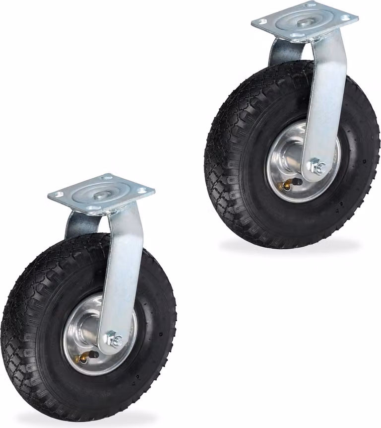 Set di 2 ruote piroettanti Relaxdays, con pneumatici, 3.00-4, ruote per carichi pesanti, piastra da avvitare, fino a 240 kg, nero/argento