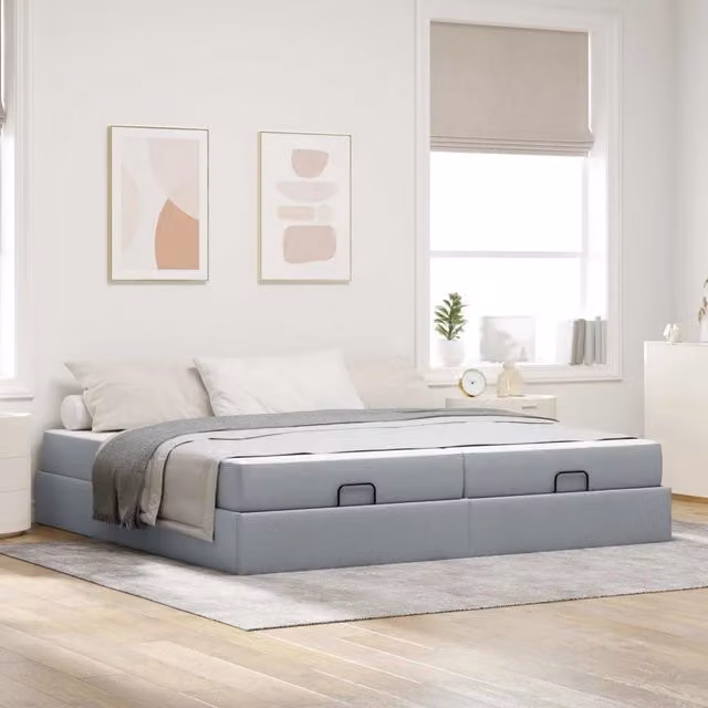 Letto matrimoniale con materasso in schiuma vidaXL, struttura imbottita in tessuto grigio con cassetti, L 200 cm x P 200 cm x H 43,5 cm
