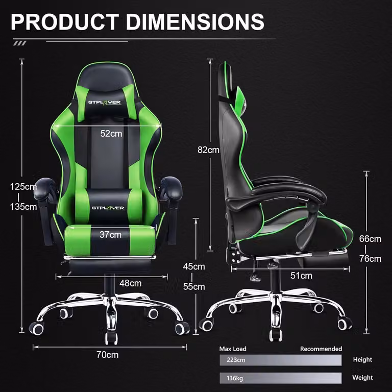 Sedia da gaming ergonomica con poggiapiedi, funzione di massaggio e rivestimento in pelle verde