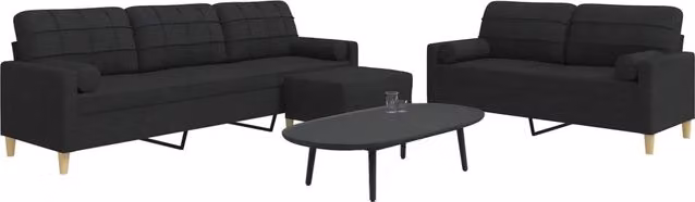 Set di divani vidaXL composto da un divano a 3 posti, un divano a 2 posti e un pouf coordinato, rivestiti in tessuto nero con struttura in metallo e cuscini inclusi