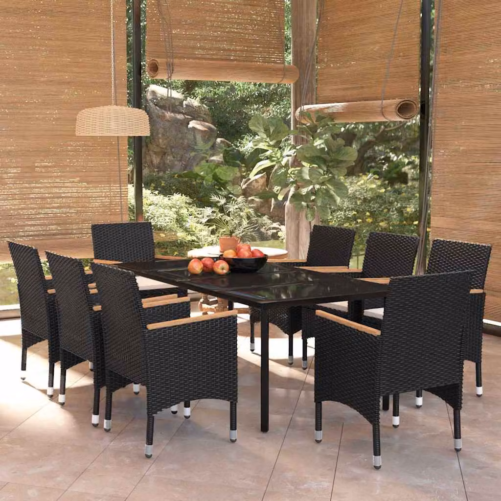 Set da pranzo da giardino vidaXL in polyrattan nero con tavolo in vetro e cuscini, 9 pezzi