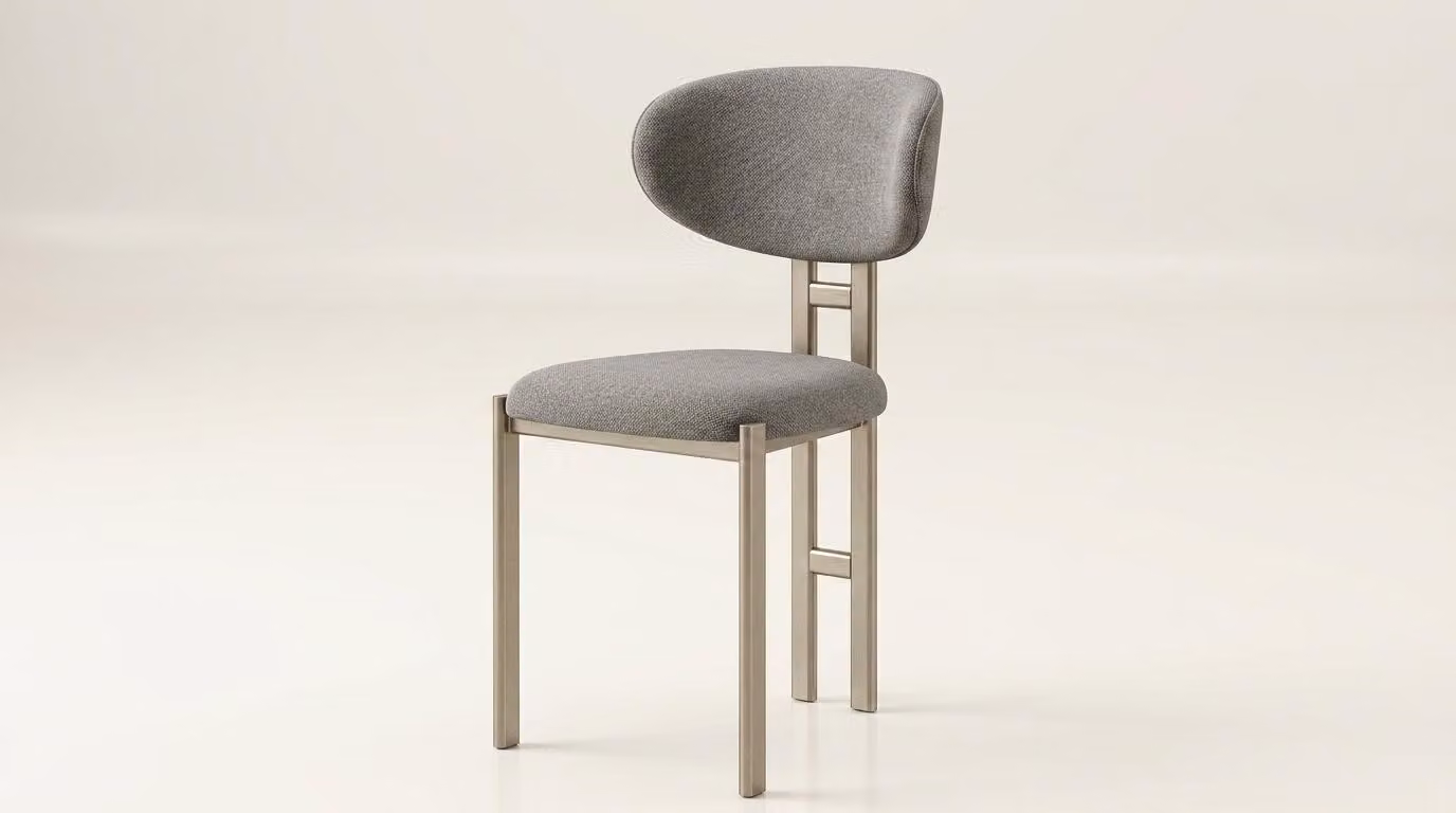 Sedia beige, comoda, morbida, in tessuto e metallo, in stile moderno, confortevole