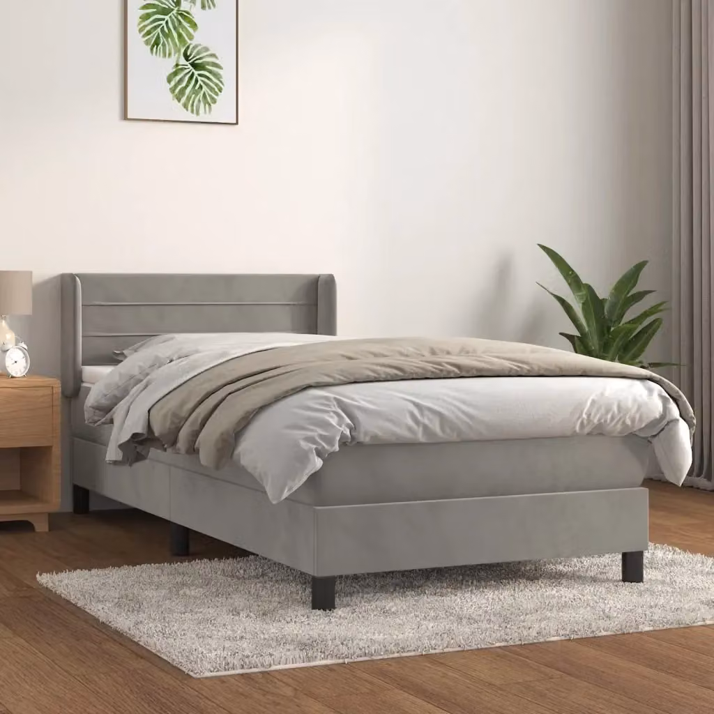 Letto singolo moderno con struttura in legno di larice e rivestimento in velluto grigio e bianco, comprensivo di materasso ibrido, L/P/H: 90 x 200 x 43 cm – 2
